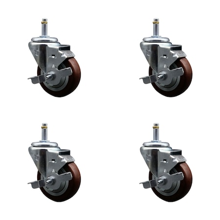 Service Caster 3.5'' Maroon Poly Swivel 7/16'' Grip Ring Stem Caster Set with Brake, 4PK SCC-GR20S3514-PPUB-MRN-TLB-716138-4